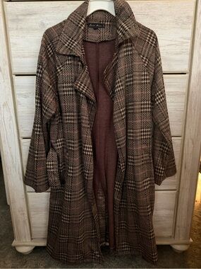 Love Tree Plaid Long Open Front Coat in Brown